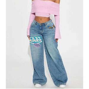 Von Dutch Wide Leg Jeans Womens 13 Blue Medium Wash Y2K Baggy Logo Patch Graphic